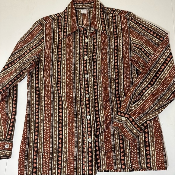 Vtg 70s Wrangler Button Up Shirt Brown Geometric Print - Picture 1 of 6